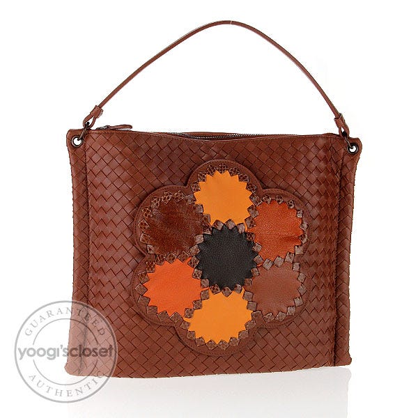 Bottega Veneta Limited Edition Brown Patchwork Flower Woven Leather Shoulder Bag