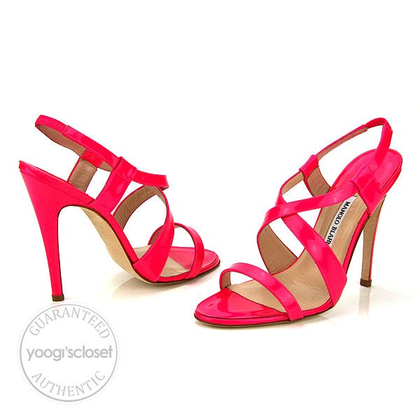 Manolo Blahnik Patent Leather Tiras Fluo Fuxia Pink Sandal Heels Size 7