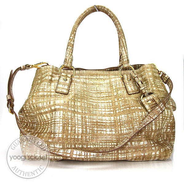 Prada Camel Tweed Print Glazed Deerskin Tote Bag BR4083