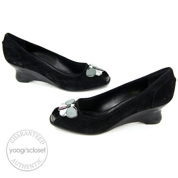 Louis Vuitton Black Suede Butterfly Peep Toe Wedge Heels Size 8