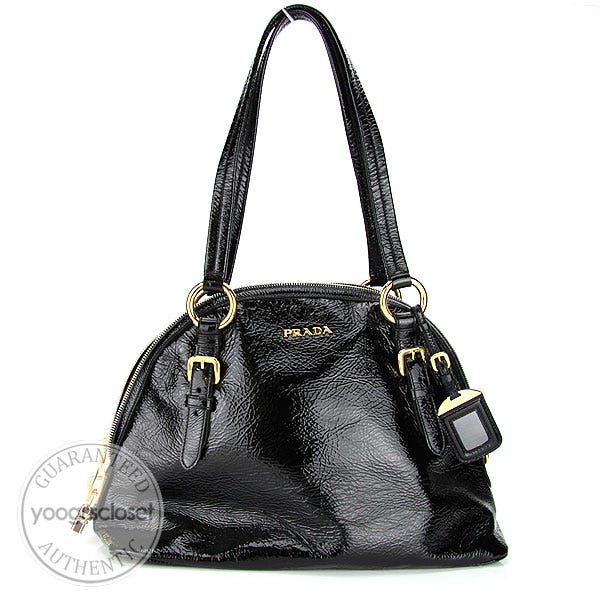 Prada Black Textured Patent Leather Large Bowler Tote Bag