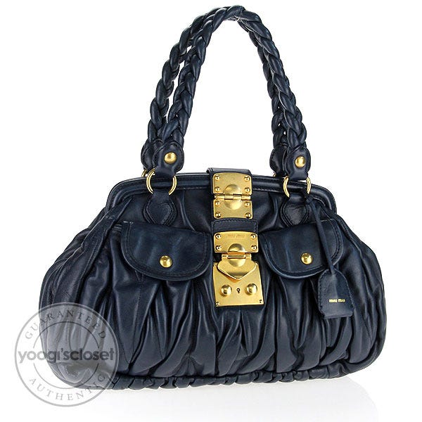 Miu Miu Denim Blue Leather Matelasse Coffer Shopping Bag