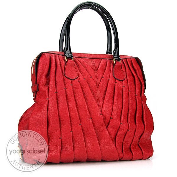 Valentino Garavani Red Leather Maison Pintucked Shopper Tote Bag