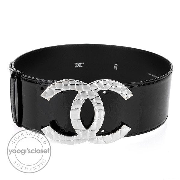 Chanel Black Patent Leather Quilted CC Logo Wide Belt - Yoogi's Closet