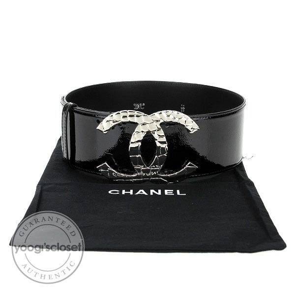 Chanel Black Patent Leather Quilted CC Logo Wide Belt - Yoogi's Closet