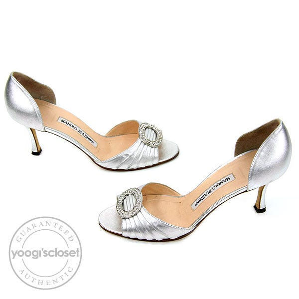 Manolo Blahnik Silver Leather Nappa Leather Sedaraby D'Orsay Heels Size 7