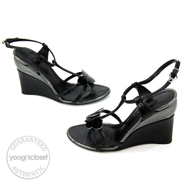 Louis Vuitton Black Butterfly Strap Wedge Heels Size 4.5