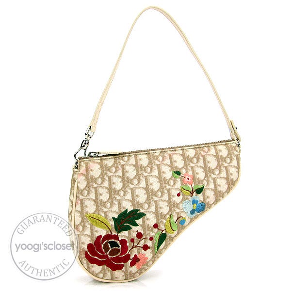 Christian Dior Beige Coated Canvas Logo Embroidered Flowers Small Saddle Bag