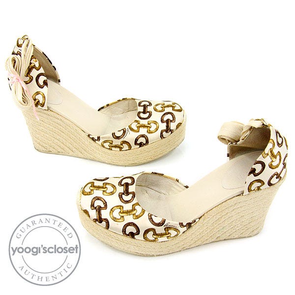 Gucci Horsebit Bamboo Print Satin Espadrilles Wedge Heels Size 7.5