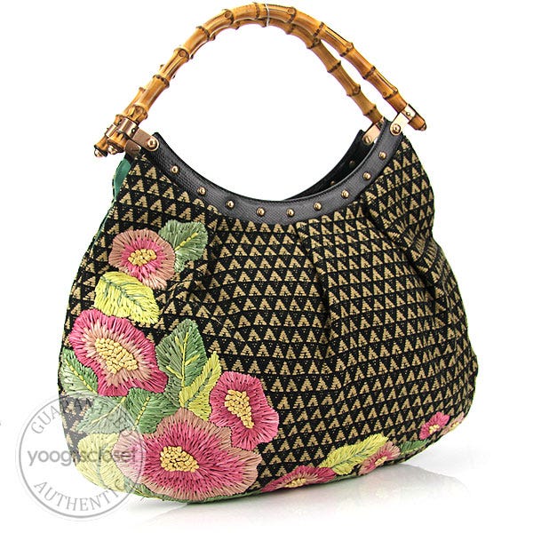 Gucci Limited Edition Raffia Flowers on Canvas Bamboo Handle Hobo Bag