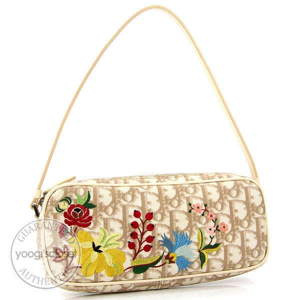 Christian Dior Beige Coated Canvas Logo Embroidered Flowers Pochette Bag