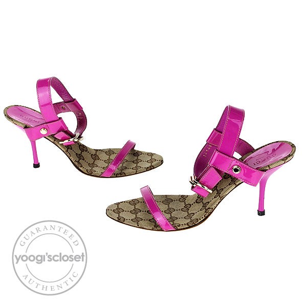 Gucci Beige GG Fabric and Pink Patent Leather Open Toe Sandals Size 8