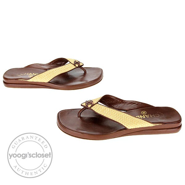 Chanel Brown Leather and Straw CC Logo Sandal Thongs Size 6.5
