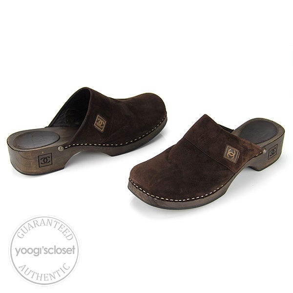 Chanel Brown Suede Wood Clogs Size 10 - Yoogi's Closet