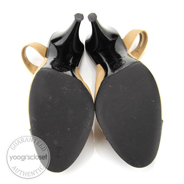 Chanel Tan Gathered Leather Black Toe Cap Slingback Heels