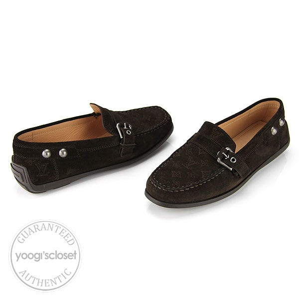 Louis Vuitton Black Leather Monogram Boat Shoes Loafers Buckle