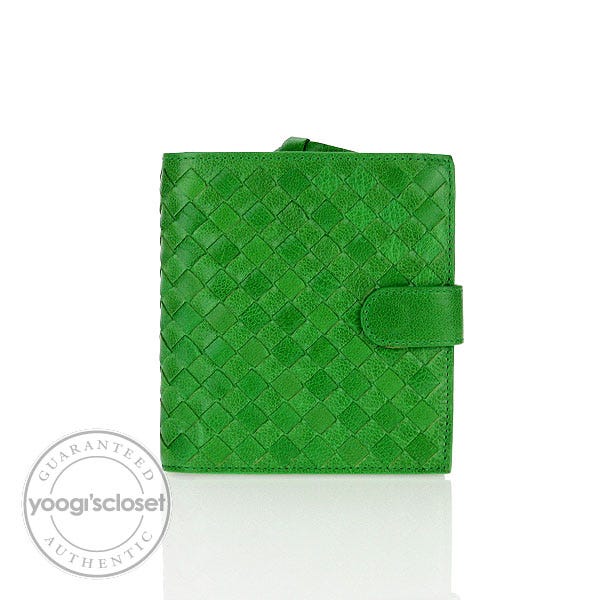 Bottega Veneta Green Nappa Woven Leather Compact Wallet