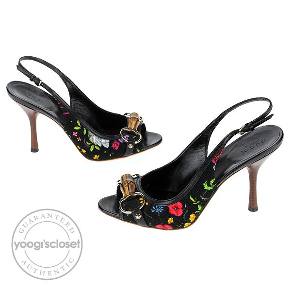 Gucci Black Floral Canvas Horsebit and Bamboo Open Toe Slingback Heels Size 7