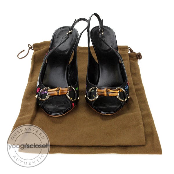 靴 GUCCI Flora Horsebit Bamboo Sandals Gucci Black Floral Canvas Horsebit and Bamboo Open Toe Slingback