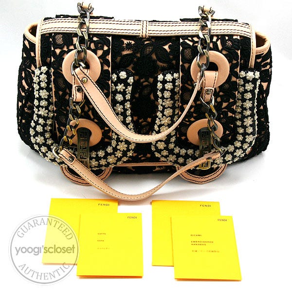 Fendi Limited Edition Black Embellished Lace and Embroidery B Bag
