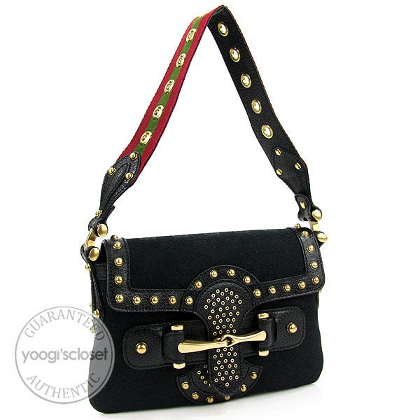 Gucci Black Canvas GG Studded Pelham Flap Bag