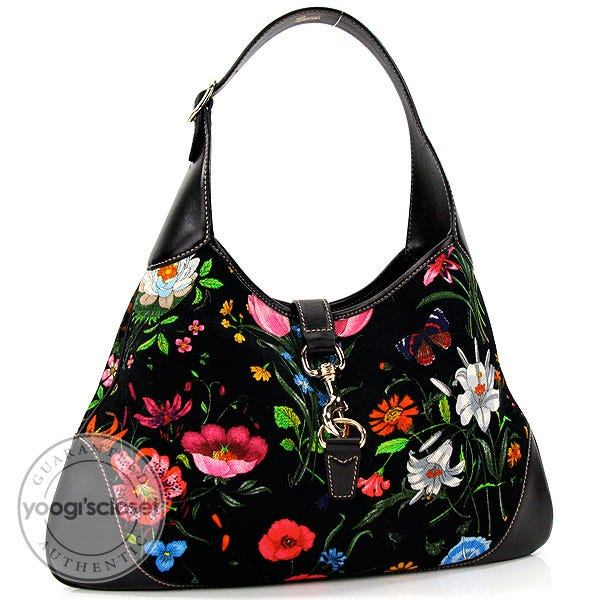 Gucci Jackie O Bouvier Botanical Black Floral Canvas Print Hobo Bag