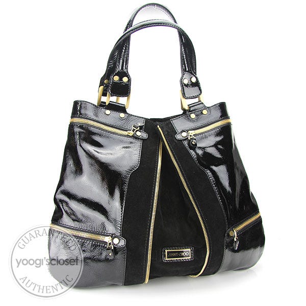 Jimmy Choo Black Patent Leather and Suede Expandable Tote Bag