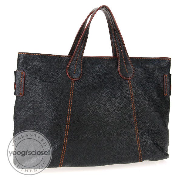 Tod's Black Pebbled Leather Contrast Stitch Tote Bag