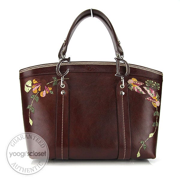 Christian Dior Vintage Brown Leather Tote Bag with Embroidery
