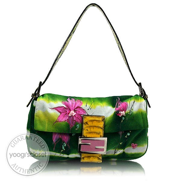 Fendi Limited Edition Green Suede Floral Baguette Bag
