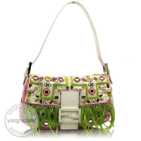 Fendi Limited Edition White Fabric Hand-Embroidered Fringe Baguette Bag