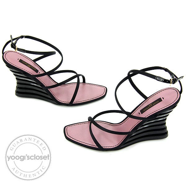 Louis Vuitton Black Satin Lime Wedge Sandals Size 6.5