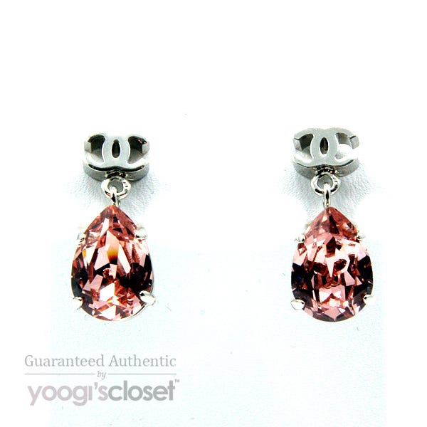 Chanel Silver CC Logo Crystal Pear Dangle Earrings 2008 - Yoogi's Closet
