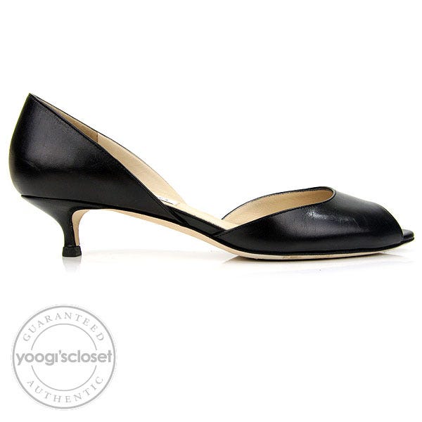 Jimmy Choo Black Leather Lyon Peep-Toe Kitten Heels Size 7.5