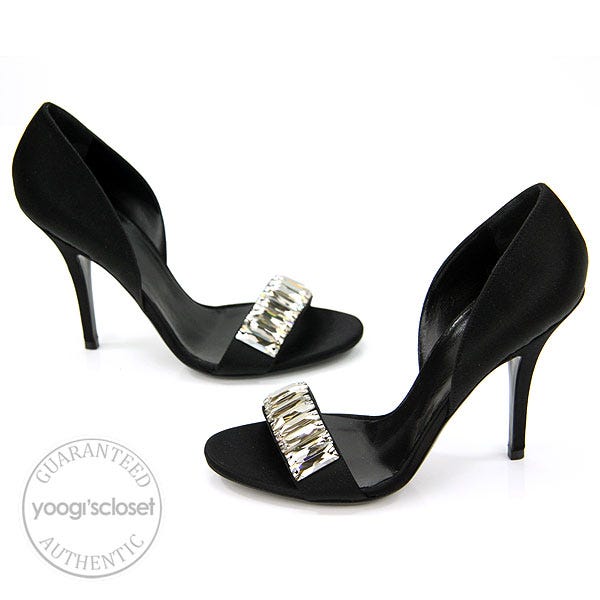 Gucci Black Satin with Rectangular Jewels Open Toe Heels Size 6.5