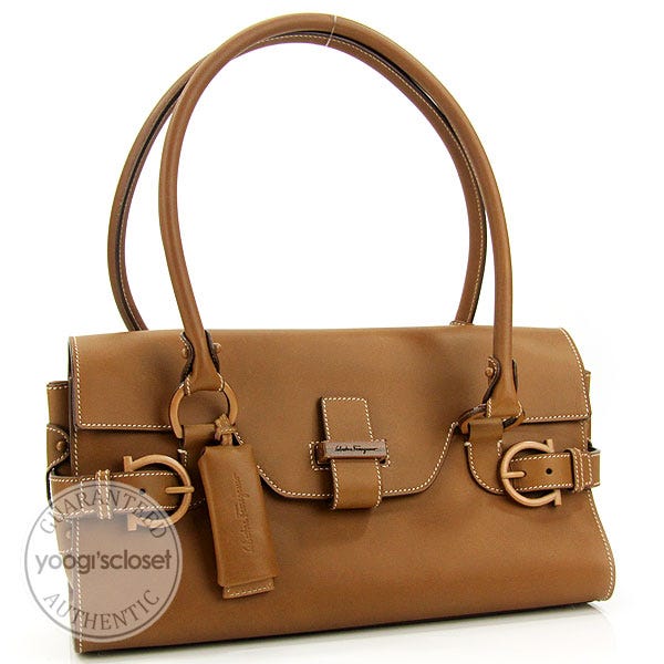 Salvatore Ferragamo Wooden Gancini Flap Bag Light Brown