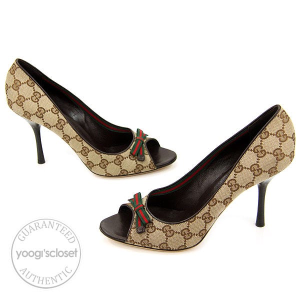 Gucci Beige/Ebony GG Fabric Bow Open Toe Heels Size 9