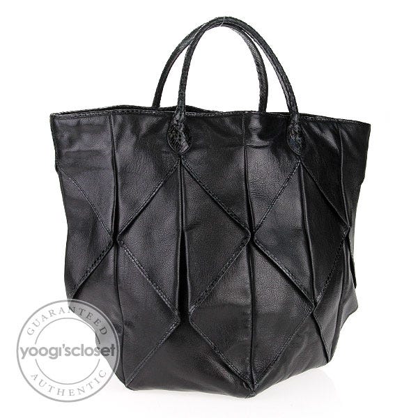 Bottega Veneta Black Pleated Python Trim Goatskin Shopper Bag