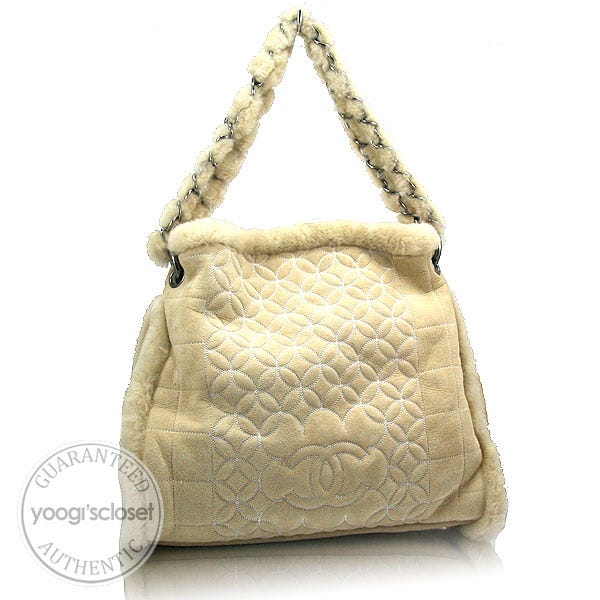 Chanel Light Beige Quilted Shearling Tote Bag and Accessory Pouch - Yoogi's  Closet