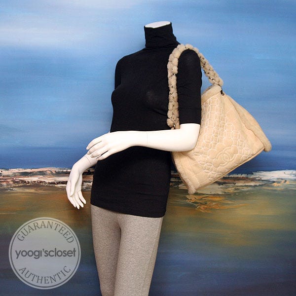 Chanel Light Beige Quilted Shearling Tote Bag and Accessory Pouch