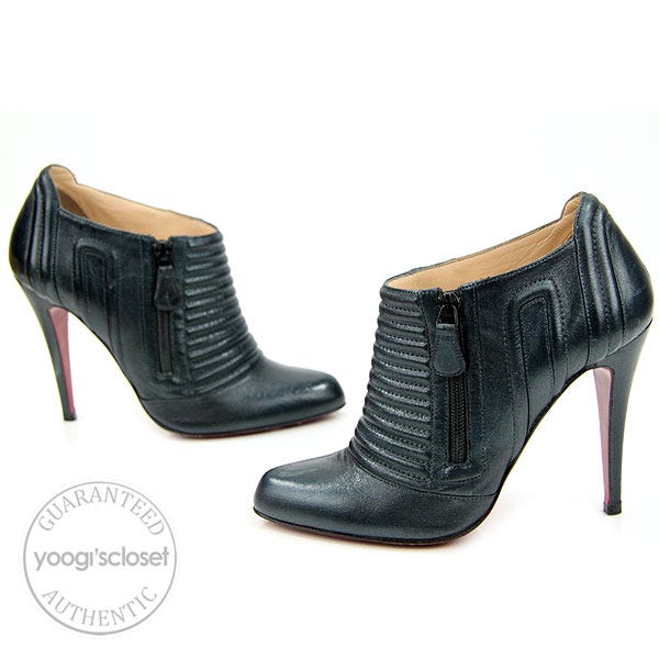 Christian Louboutin Blue Metallic Pleated Zip Ankle Boot Size 7.5