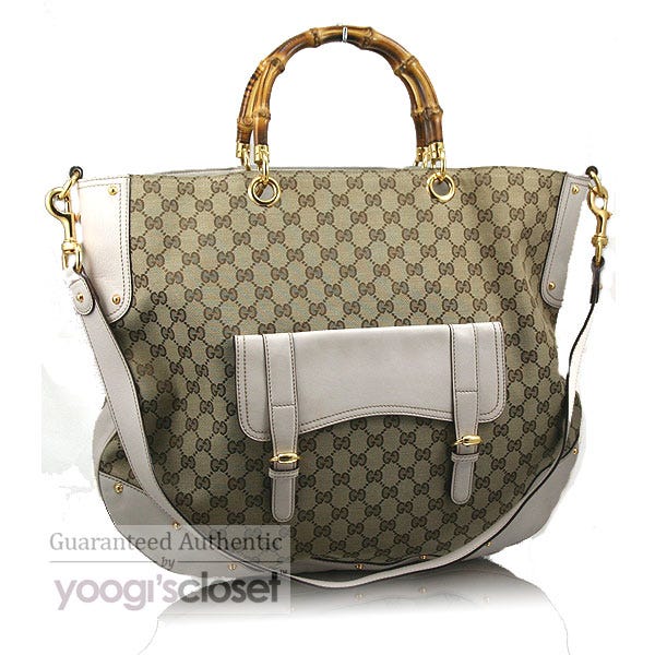 Gucci Beige/Ebony GG Fabric Bamboo Large Messenger Tote Bag