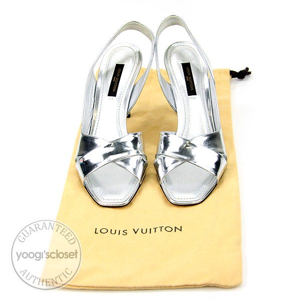 Louis Vuitton Metallic Silver Leather Open Toe Slingback