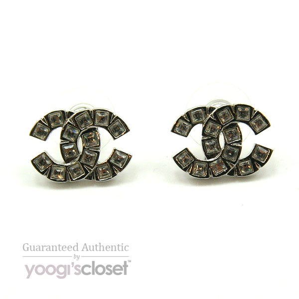 Chanel Silver CC Logo Crystal Earrings