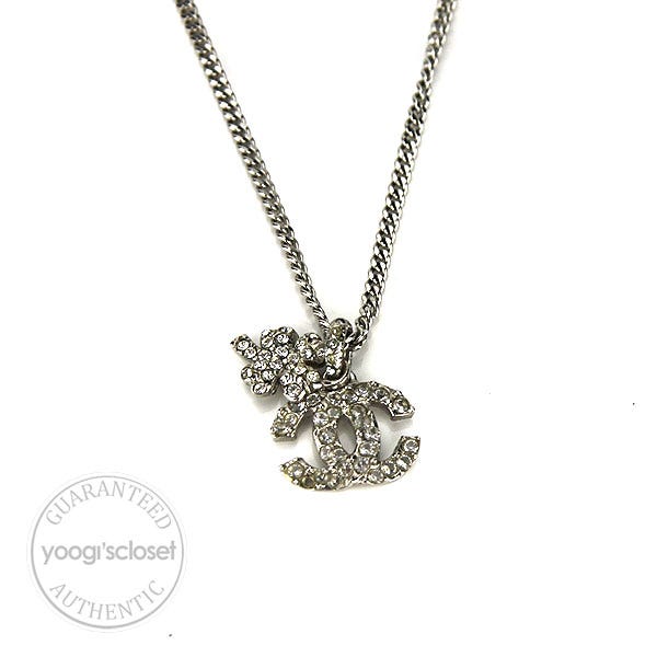 Chanel Silver Crystal CC Logo Four Leaf Clover Necklace - Yoogi's Closet