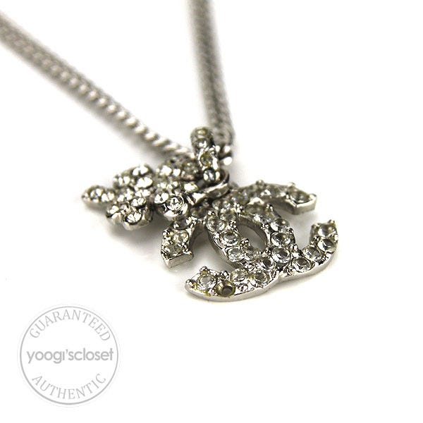 Chanel Silver Crystal CC Logo Four Leaf Clover Necklace - Yoogi's