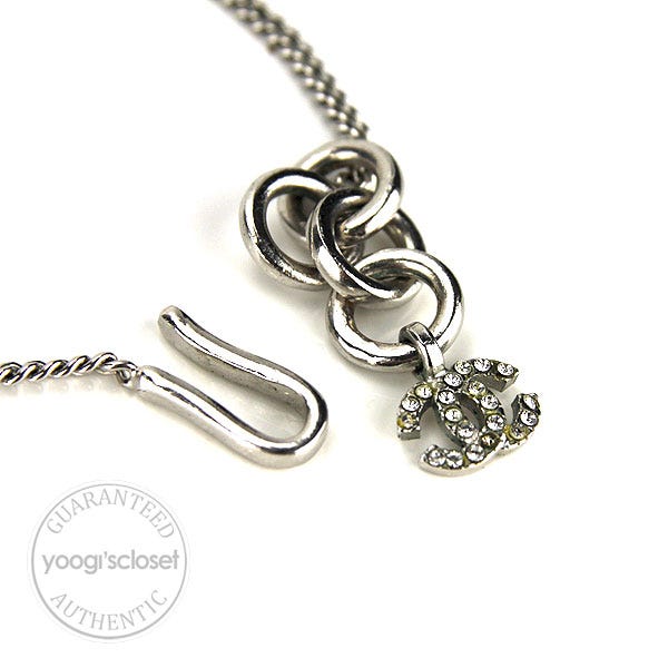 Authentic CHANEL Rhinestone CC Logo Clover Pendant Chain Necklace Silver  Used