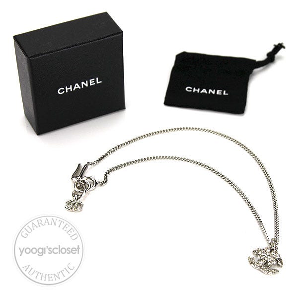 Chanel Silvertone Crystal Heart and CC Logo Necklace - Yoogi's Closet