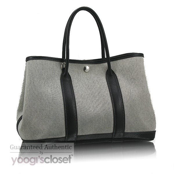 Hermes Grey Canvas Black Buffalo Leather Garden Party TPM Tote Bag
