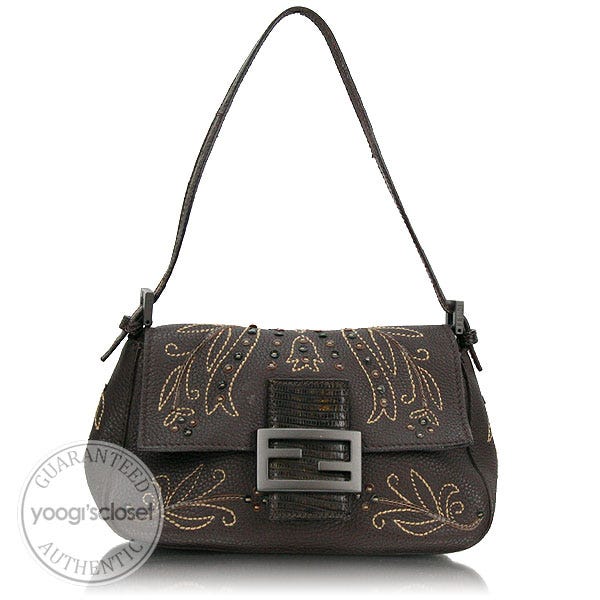 Fendi Limited Edition Dark Brown Leather Embroidered Mini Mama Bag - 8BR180
